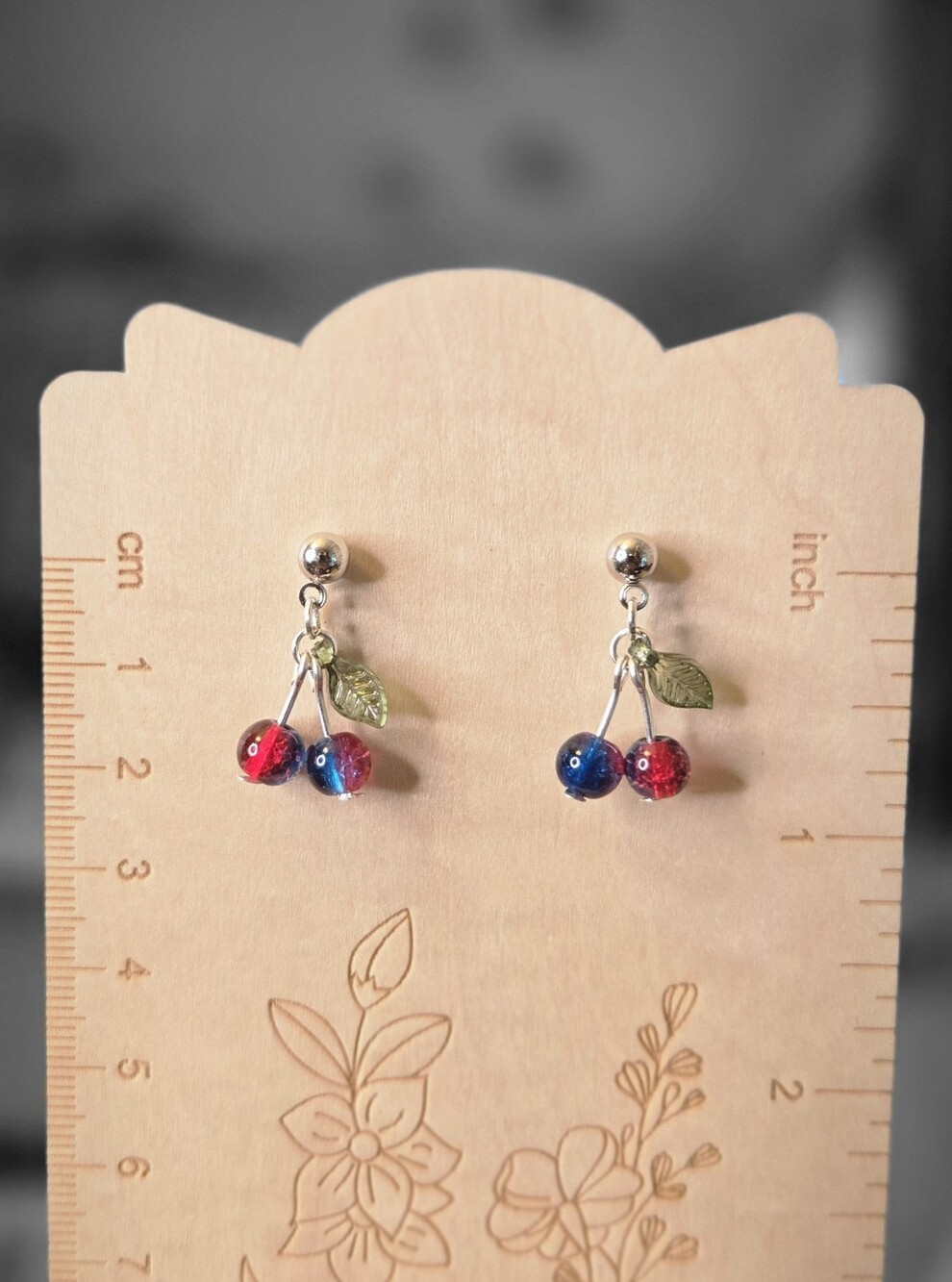Handmade Cherry Dangle Earrings in Pink & Blue